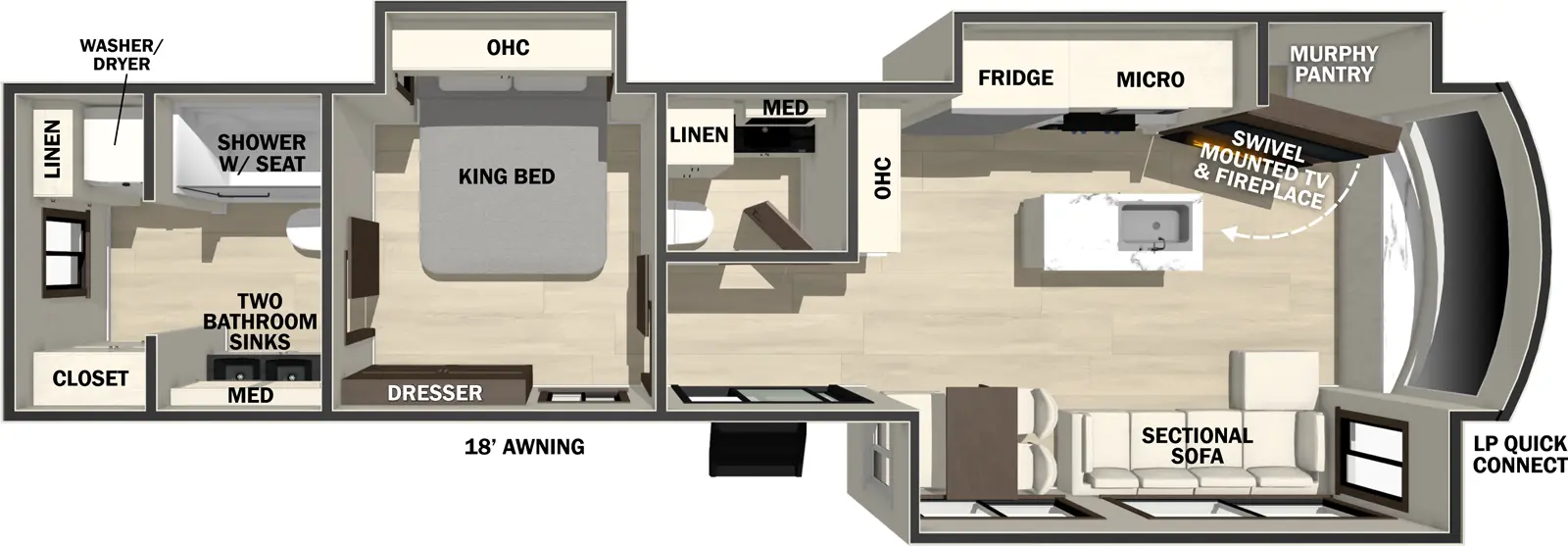 The Cedar Creek Cottage 40CFL2B floorplan has one entry and three slide outs. Exterior features include: fiberglass exterior and 18' awning. Interiors features include: kitchen island, front living, rear bathroom and bathroom and a half.